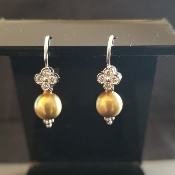 18K White Gold Dangle Bead Earrings w/ Diamonds - Picture 2 of 4